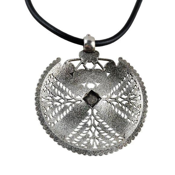 Ethno Silver Medallion Pendant Necklace Black Leather Cord Indie Curl Pattern - Picture 4 of 7